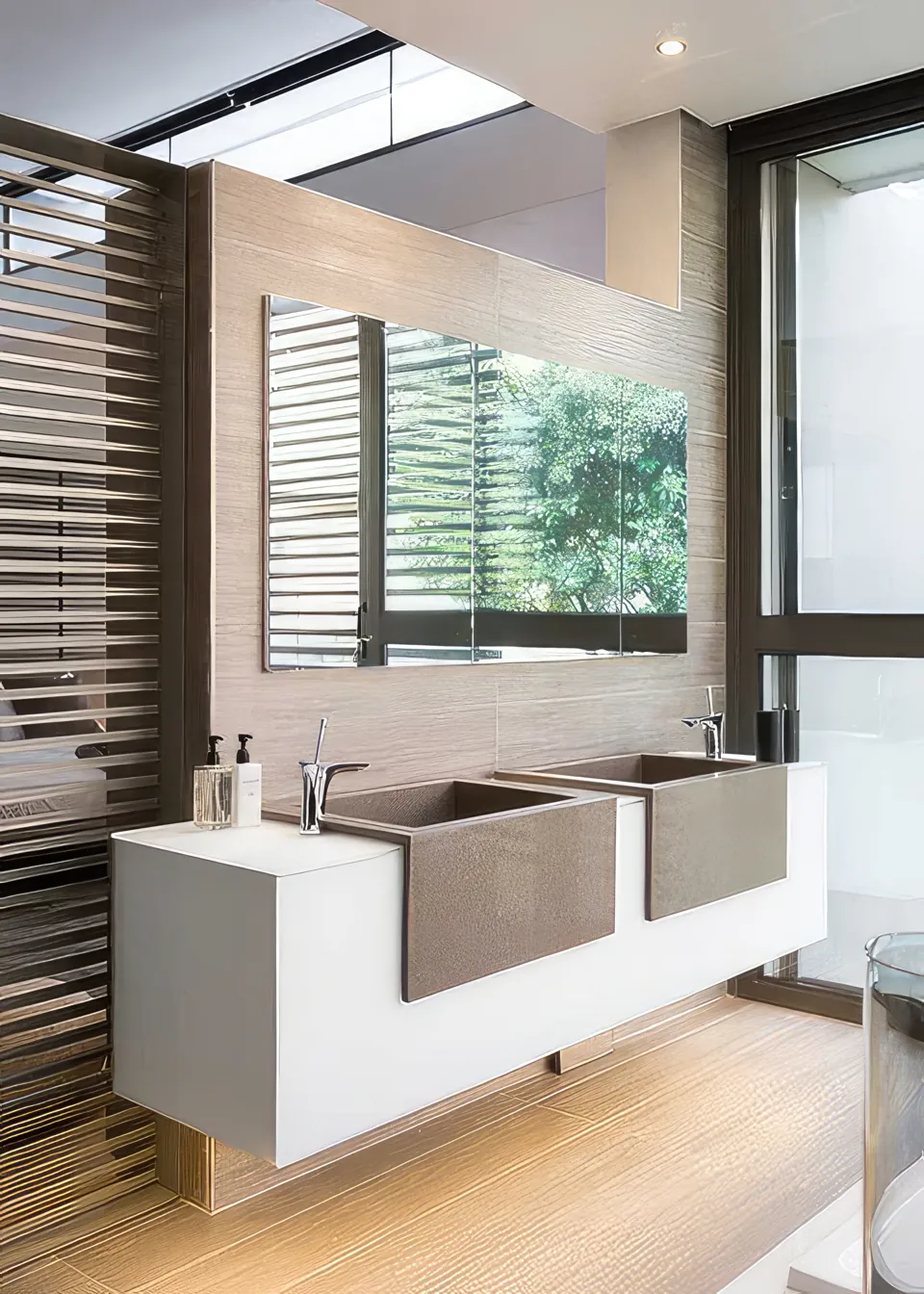 Contemporary bathroom with natural light and warm wall finishes