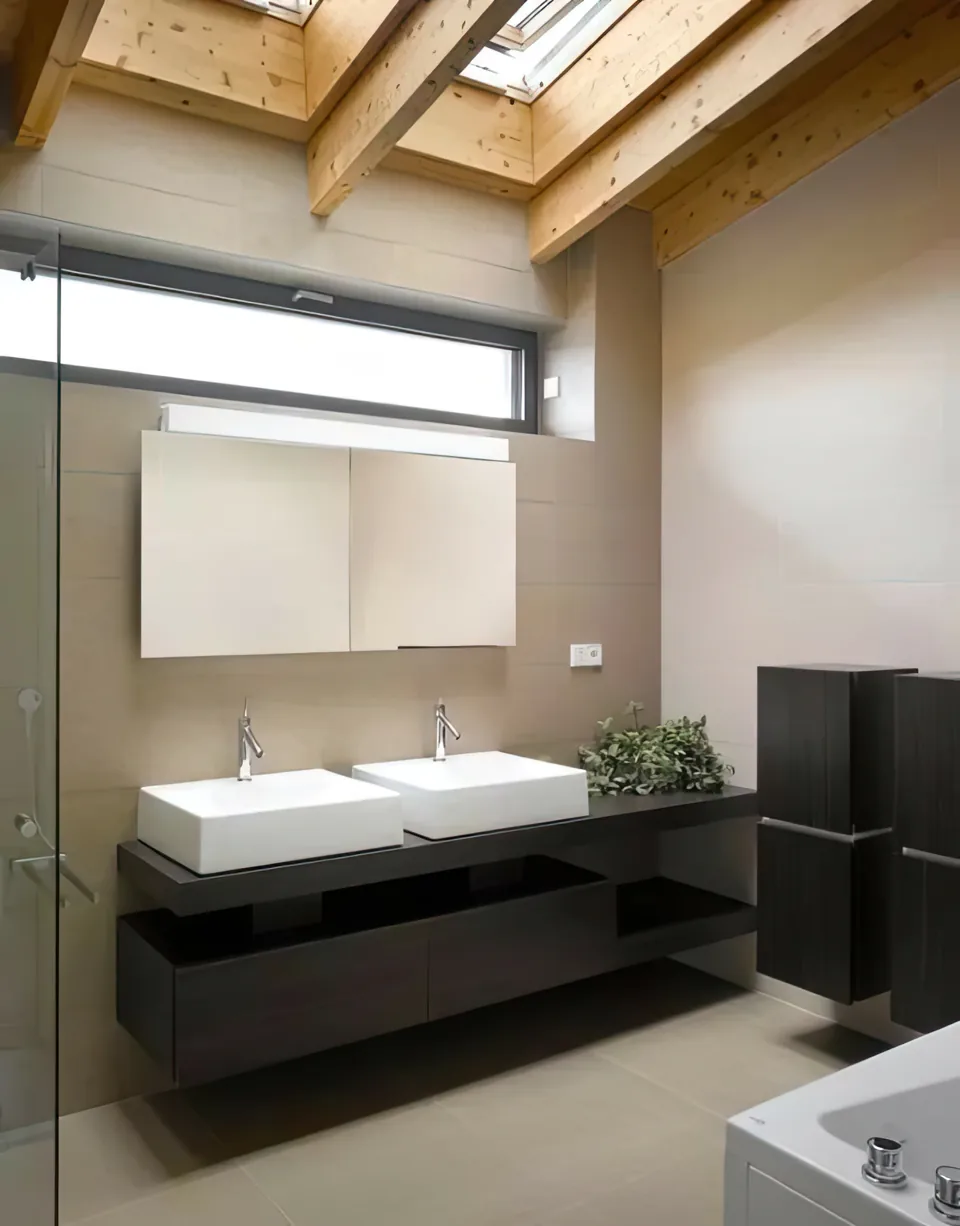 Modern bathroom vanity beneath a wood ceiling