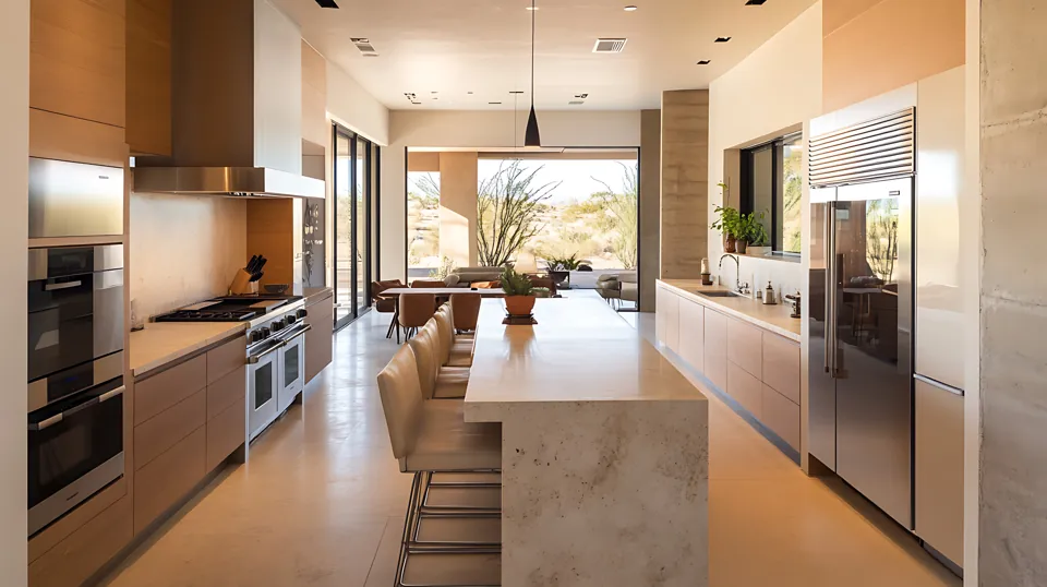 Warm wood kitchen with an island and neutral finishes